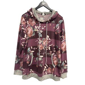 Heimish USA Floral Hoodie Sweatshirt Womens Large Burgundy Gray Relaxed Bohemian